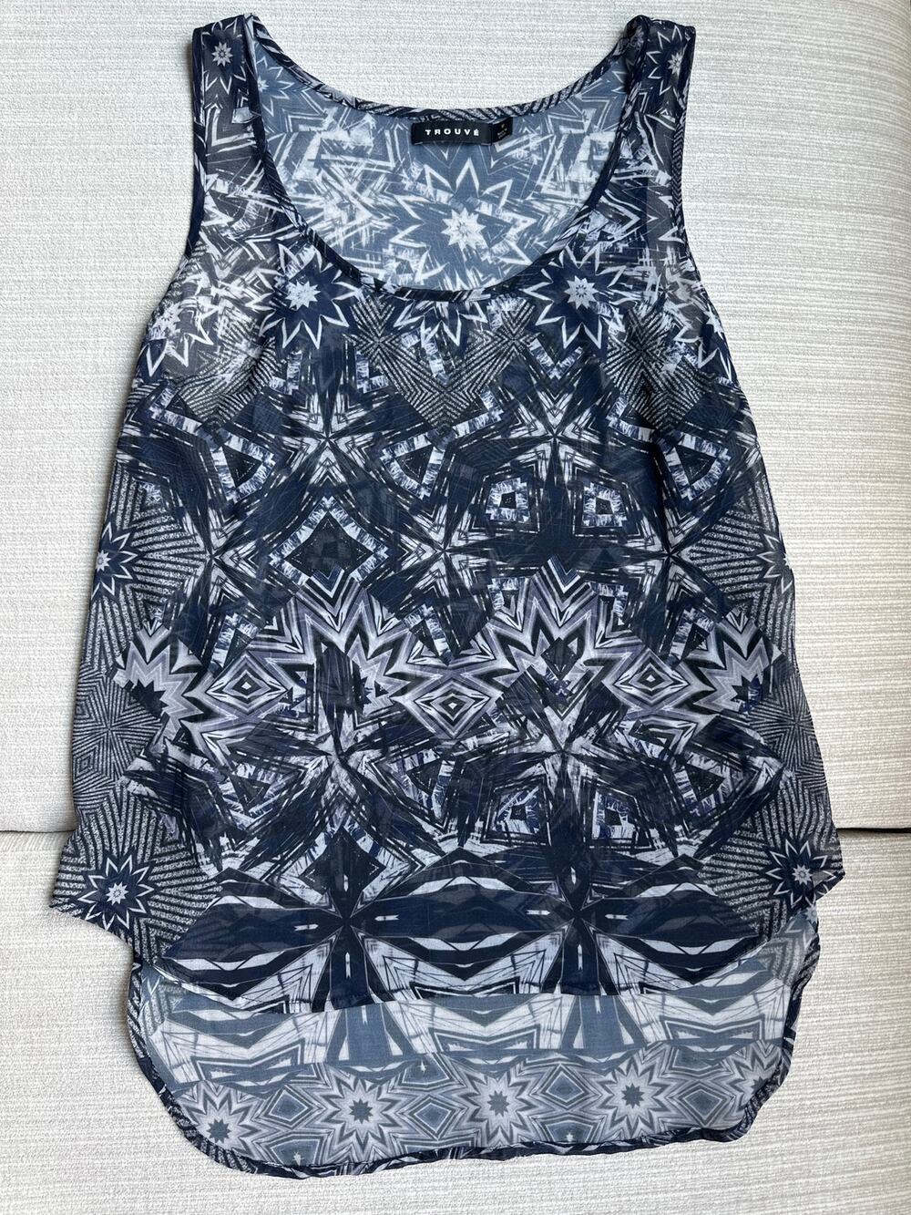Trouve Sheer Tank Top Size Medium Navy Blue Star Pattern